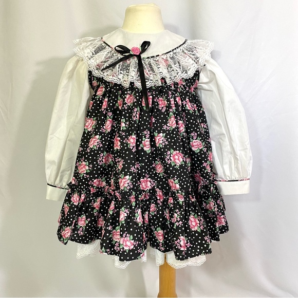 Girl’s Vintage MiniWorld Floral Polka Dot Pinafore Dress 4T Party Ruffle - Picture 1 of 12